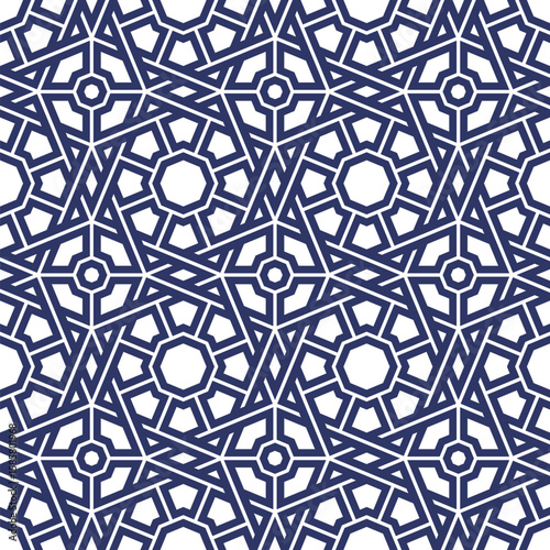 Seamless repeating pattern with a decorative grid made up of interlaced blue lines drawing different polygon shapes on a white background. Modern ethnic style. Geometric abstract vector illustration.