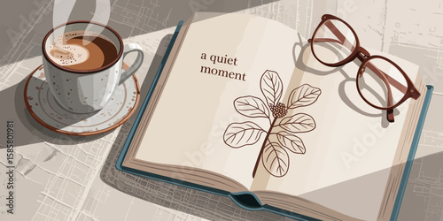 A serene scene of a cup of coffee next to a book and glasses, capturing a moment of relaxation and quiet reflection, inviting a peaceful atmosphere.