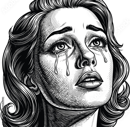 Engraved portrait of a crying woman with tears and flowing hair