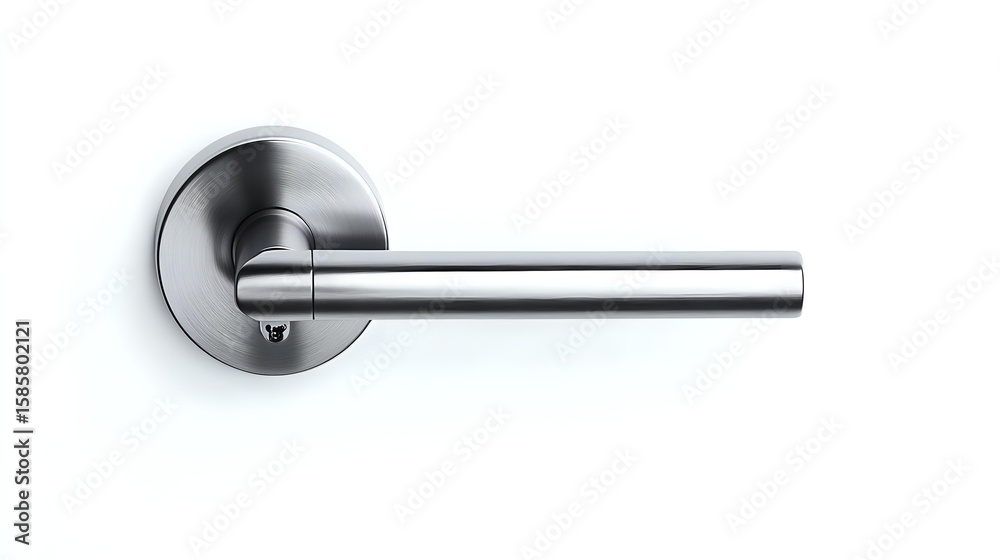 Modern minimalist door handle in brushed stainless steel with circular rose mount isolated on white background, ready for interior design and architectural visualization. Modern minimalist door handle in brushed stainless steel with circular rose mount isolated on white background, ready for interior design and architectural visualization.