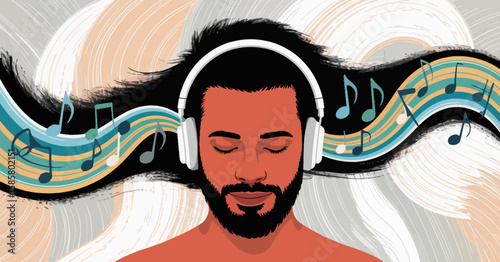 A peaceful man with headphones enjoys listening to music, surrounded by wave-like lines and musical notes, expressing relaxation and the joy of music in daily life.
