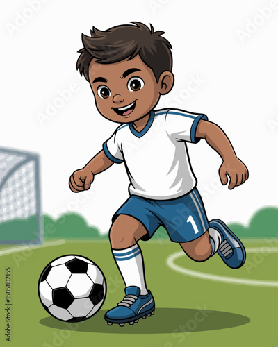 This cheerful cartoon boy runs joyfully with a soccer ball across a grassy field, representing the enthusiasm and joy of youth sports and outdoor play activities.