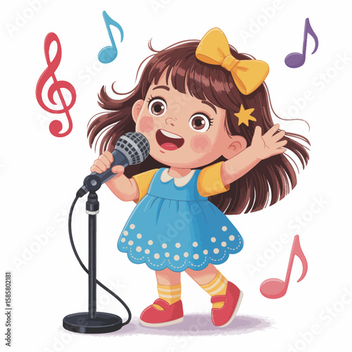 A cheerful girl performing singing on stage, with colorful musical notes surrounding her, capturing the joy of music and the excitement of artistic expression in a playful atmosphere.