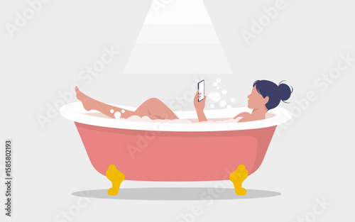 An illustration depicting a serene woman enjoying a relaxing bath while using her smartphone, showcasing self-care, comfort, and modern lifestyle in an artistic setting.