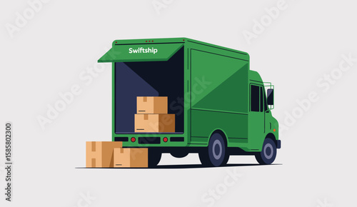 A vibrant green delivery truck displays opened doors with stacked boxes, symbolizing efficient logistics and fast shipping services for modern businesses and consumers.