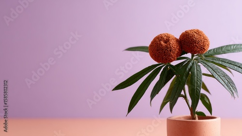 Textured brown seed pods atop lush green foliage in a terracotta pot against a soft purple background