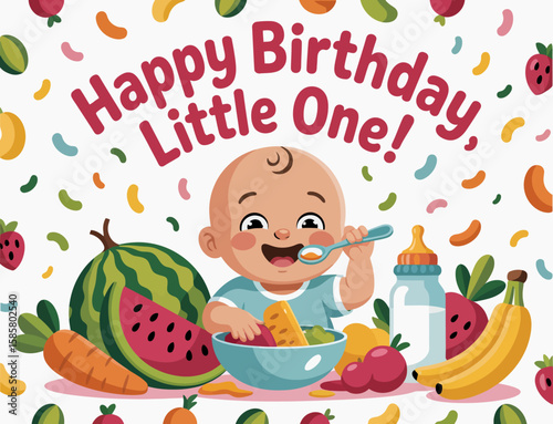 A vibrant birthday greeting image featuring a cheerful baby enjoying a fruity bowl with colorful decorations, perfect for celebrating a little one's special day.