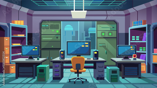 Vector art of a hightech command center office with multiple computer stations, server cabinets, and shelves, illuminated by cool blue and green lighting