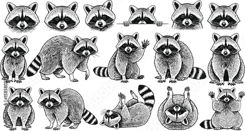 Charming raccoon collection featuring various poses and expressive faces.