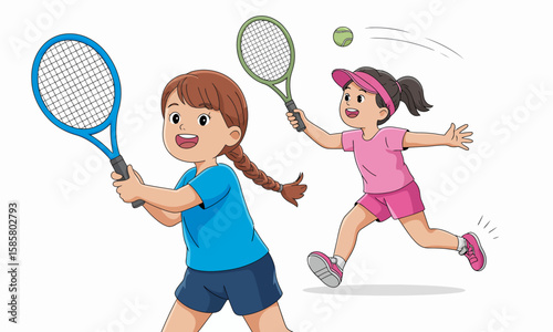 This lively image depicts two girls enjoying a game of tennis, capturing the joy of sports, friendship, and the excitement of youth in an active outdoor environment.