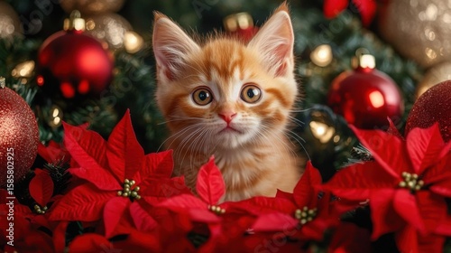 An adorable ginger kitten sits among Christmas decorations- including red ornaments and poinsettias- gazing directly at the camera- embodying holiday spirit.