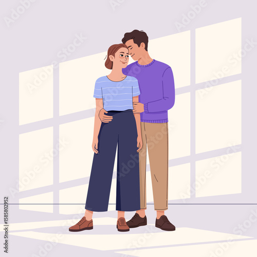 A loving couple stands together in an intimate embrace, set against a modern backdrop with soft lighting, capturing the warmth and connection of their relationship.