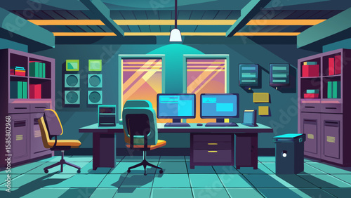 Vector art of a modern office room with multiple computer workstations and chairs, illuminated by overhead lighting