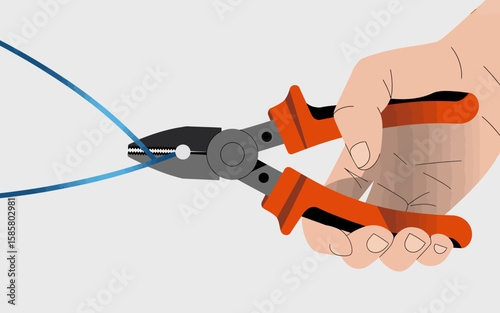 A focused hand using red and gray pliers to cut through two wires, showcasing the tools of craftsmanship and precision in an industrial or DIY setting.