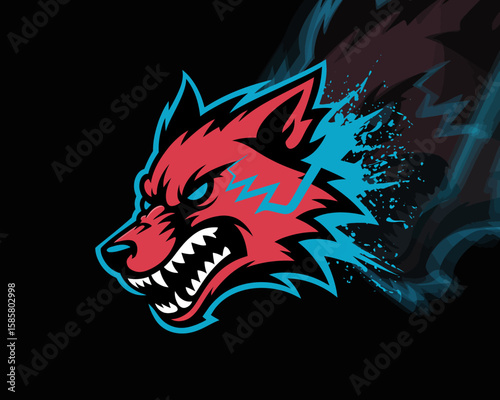 This fierce wolf logo showcases vibrant red and blue accents, symbolizing speed and aggression, making it an ideal choice for sports teams and brands looking for impact.