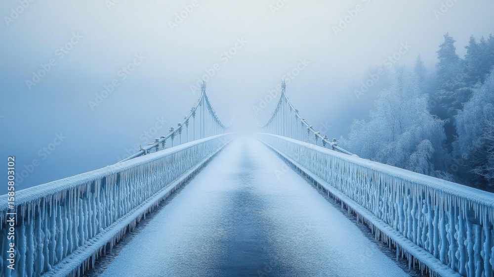 Obraz premium A long- icy bridge stretches into a misty winter morning- with frost-covered railings and a serene- cold atmosphere in a winter landscape
