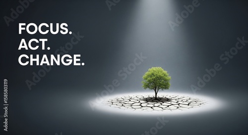 A solitary green tree grows from cracked earth under a spotlight, symbolizing hope and change