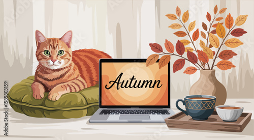 A warm autumn setting featuring a cat relaxing next to a laptop, symbolizing comfort and coziness during the seasonal transition, perfect for a lifestyle theme.