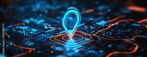 A glowing futuristic GPS location icon on a digital map- representing advanced navigation and geolocation technology in a cyber-themed visual