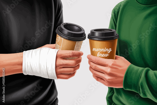 This image depicts two hands holding coffee cups, symbolizing connection, friendship, and the comfort of sharing moments over a warm drink, perfect for lifestyle branding.