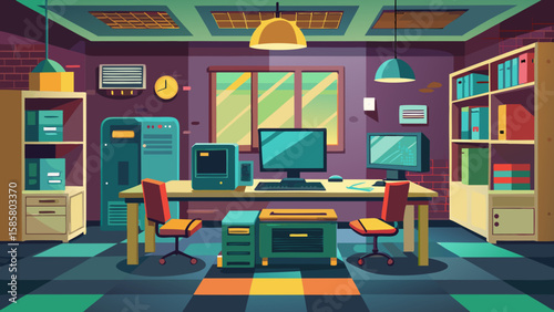 Vector art of an office space with two workstations, computers, chairs, and bookshelves, featuring a colorful checkered floor