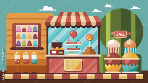 Vector art of a cheerful bakery with a prominent sale sign, featuring a tempting selection of cupcakes, cakes, and candies in its inviting window display