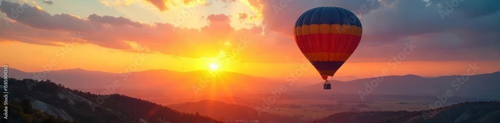 Fototapeta premium A vibrant hot air balloon ascends gracefully against a breathtaking sunrise, casting long shadows across a serene landscape Perfect for travel, adventure, and freedom concepts , flight, golden hour