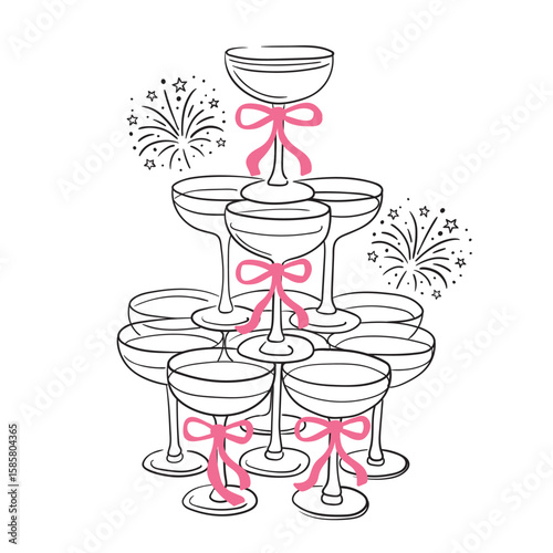 Hand-drawn black and white vector illustration of a champagne glass tower with pink bows and fireworks in the background. Perfect for weddings, parties, and festive celebration designs