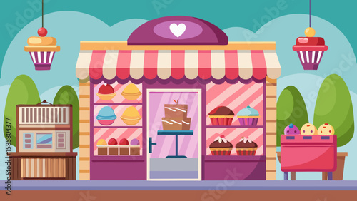 Vector art of a charming bakery storefront displays a variety of delicious cupcakes and cakes in its inviting window
