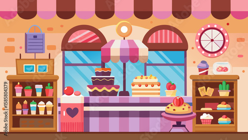 Vector art of a delightful bakery interior showcases an array of tempting cakes, pastries, and sweets on display