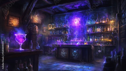 Fantasy tavern interior with glowing potion