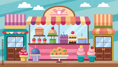 Vector art of a vibrant bakery facade presents a colorful assortment of ice cream cones, cupcakes, and cookies