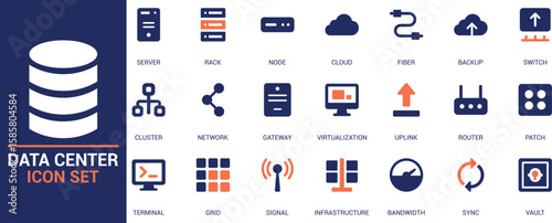 
Data center icon set with server, rack, cloud, fiber, gateway, virtualization, uplink, router, terminal, bandwidth, patch, sync, and vault.



