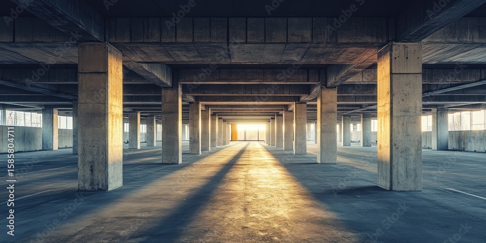 Fototapeta premium Sunlit Concrete Parking Garage: Architectural Interior Design