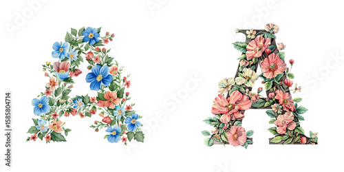 floral letter A watercolor vector illustration