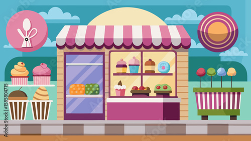 Vector art of a delightful bakery showcasing an array of cupcakes, cakes, and colorful candies in its inviting display