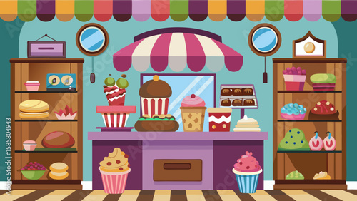 Vector art of a cozy bakery interior filled with shelves of delectable cakes, cupcakes, and assorted pastries