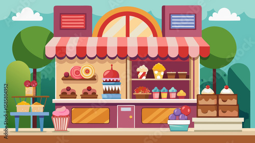 Vector art of a vibrant bakery exterior showcasing a variety of tempting cakes, cupcakes, and colorful sweets on a bright day