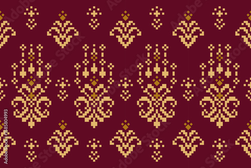 Traditional ethnic pattern in geometric pixel art style with maroon and gold tones. This seamless ethnic pattern evokes oriental textile art, ideal as vector textile design for ethnic fabric, fashion,