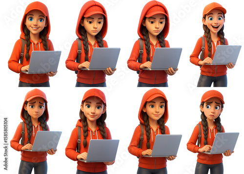 Female 3D Teenager character with laptop and different emotions