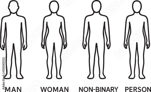A diverse set of minimalist outline human figures representing different gender identities and body shapes for inclusivity and demographic studies.