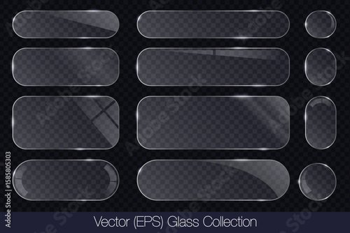 Realistic 3D glass transparent button set, round, square and rectangle frame with glare, flat glass or plastic plate, flat transparent glass lens, realistic screen glass, window mock