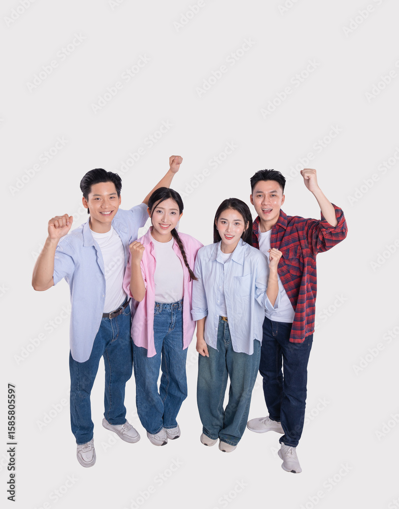Obraz premium Diverse group of young adults celebrating success with raised fists and joyful expressions