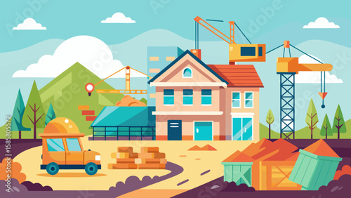 Vector art of a lively scene showcases a house construction project with cranes, a digger, and a truck amidst a developing neighborhood