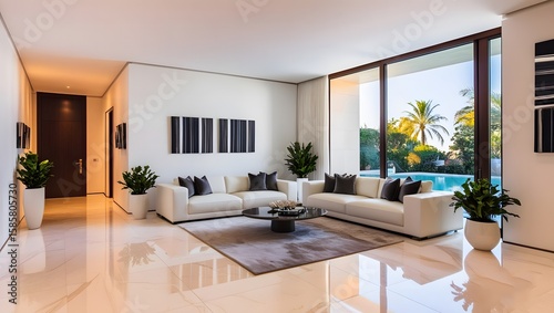 High dynamic range hdr photography showcasing elegant exterior details of modern luxury house with warm interior lights and lush landscaping captured at twilight, living room