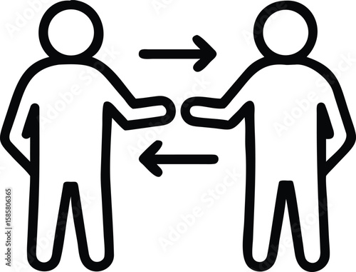 Outline drawing of two people exchanging information via arrows pointing in opposite directions