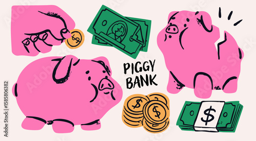 Piggy bank set. Hand putting coin into piggy bank, broken pig, coins, stack of cash. Earning money, savings, investment, business advertising concept. Hand drawn isolated Vector illustrations