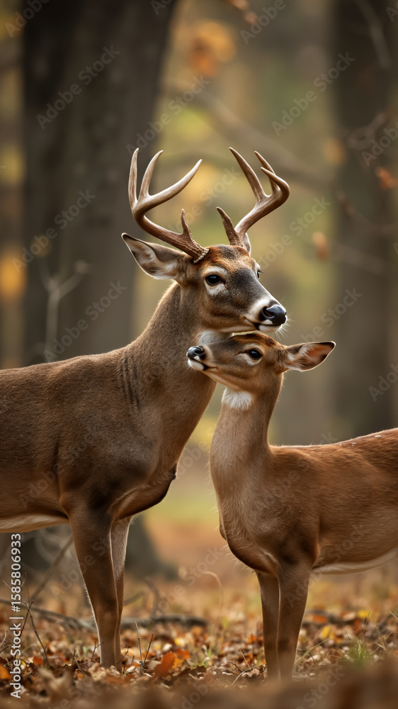 Fototapeta premium Male and female deer touching noses in autumn forest. Close up of two whitetail deer bonding in woodland setting.