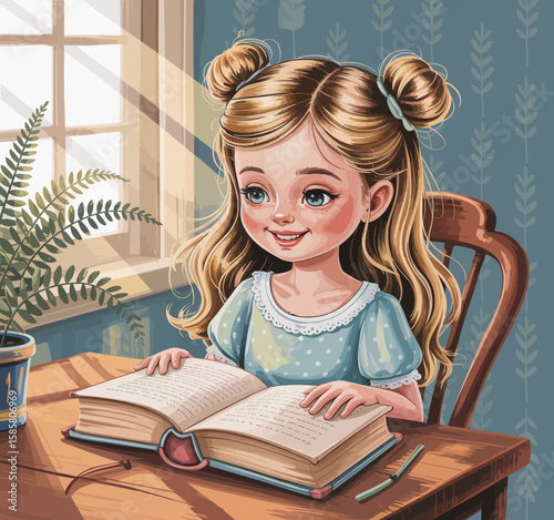 A cheerful girl is reading a book by the sunlit window, surrounded by nature, showcasing the joy of learning and imagination that comes from reading.