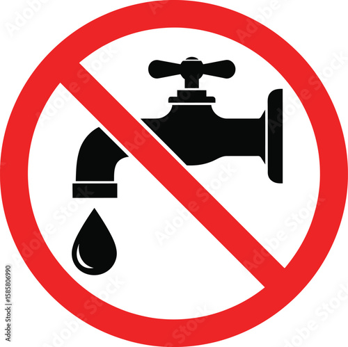 Black faucet with dripping water symbol crossed out in red circle drop